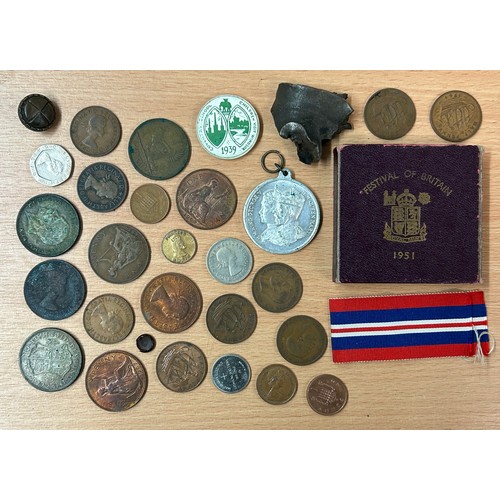 663 - TIN OF PRE DECIMAL COINS AND 1951 FESTIVAL OF BRITAIN CROWN