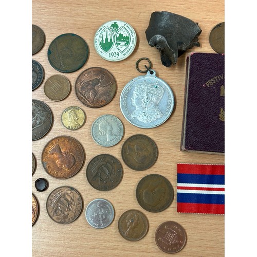 663 - TIN OF PRE DECIMAL COINS AND 1951 FESTIVAL OF BRITAIN CROWN