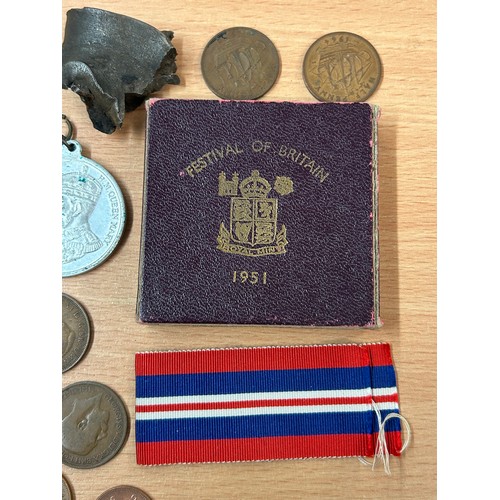 663 - TIN OF PRE DECIMAL COINS AND 1951 FESTIVAL OF BRITAIN CROWN