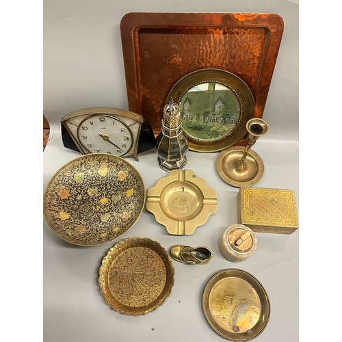 661 - PLATED OCTAGONAL SIFTER, BRASS BOX, CIGARETTE LIGHTER AND METAMEC CLOCK