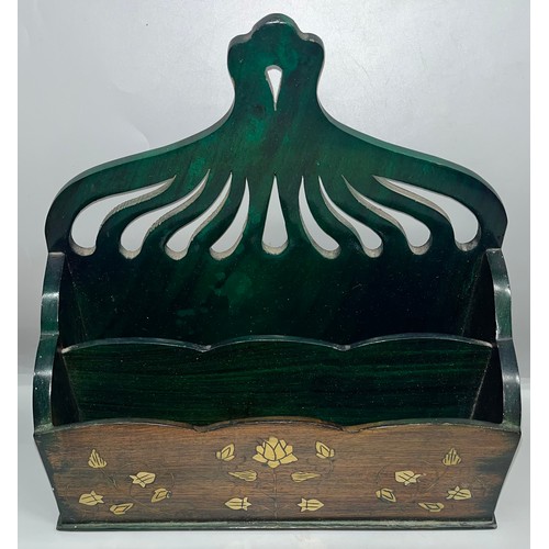 556 - MOTHER OF PEARL INLAID CIRCULAR BOX AND BRASS INSET LETTER RACK