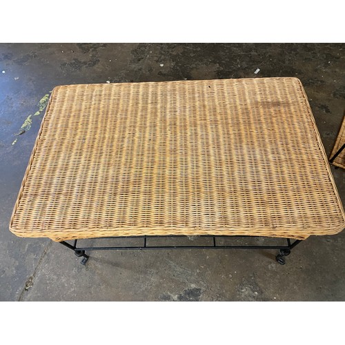 13 - BLACK METAL WORK AND RATTAN COFFEE TABLE