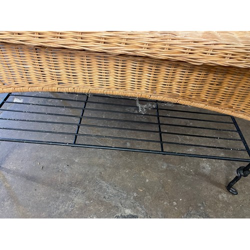 13 - BLACK METAL WORK AND RATTAN COFFEE TABLE