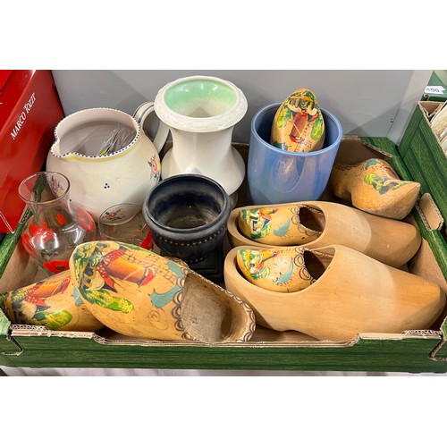 280 - CARTON - DECORATIVE PAINTED DUTCH CLOGS, POPPY DECORATED WATER CARAFE, JUGS AND VASES