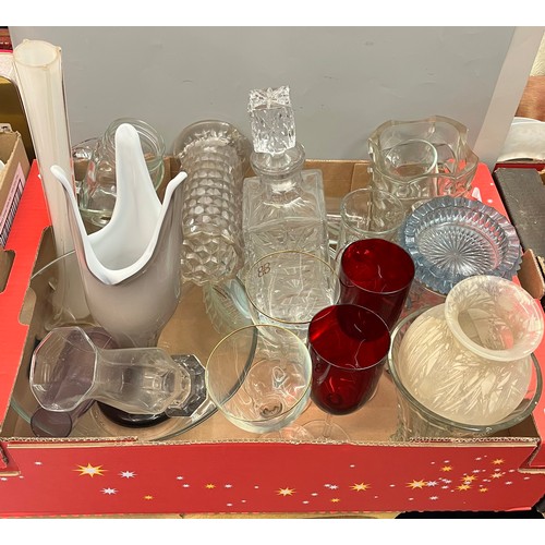 357 - CARTON - SQUARE SECTION CUT GLASS DECANTER, OPAQUE TALL SPILL VASE, AND OTHER GLASSWARES