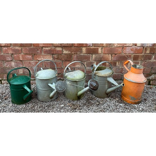 428 - FOUR GALVANISED WATERING CANS AND PAINTED MINIATURE CHURN