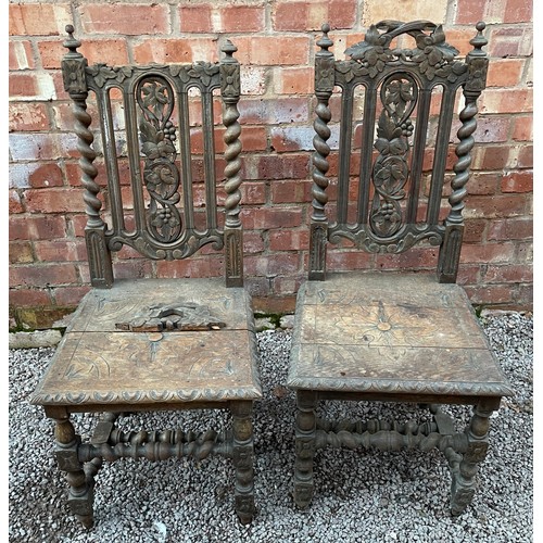 161 - PAIR OF DARK OAK BARLEY TWIST CARVED CAROLEAN STYLE CHAIRS AND A SIMILAR STYLE CHAIR