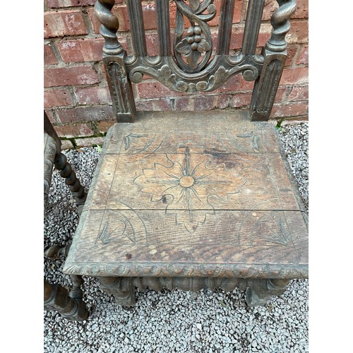 161 - PAIR OF DARK OAK BARLEY TWIST CARVED CAROLEAN STYLE CHAIRS AND A SIMILAR STYLE CHAIR