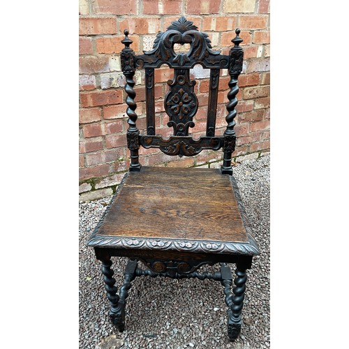 161 - PAIR OF DARK OAK BARLEY TWIST CARVED CAROLEAN STYLE CHAIRS AND A SIMILAR STYLE CHAIR