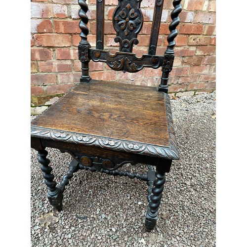 161 - PAIR OF DARK OAK BARLEY TWIST CARVED CAROLEAN STYLE CHAIRS AND A SIMILAR STYLE CHAIR