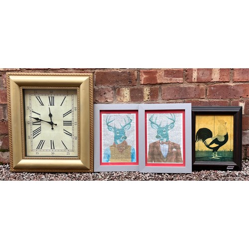 429 - PAIR OF STAG NEWSPAPER PRINTS, TEXTURED PANEL OF COCKEREL AND A WALL CLOCK