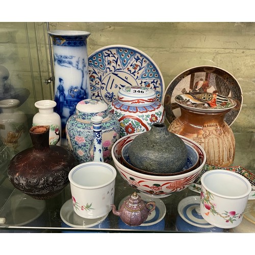 346 - HALF SHELF OF REPRODUCTION ORIENTAL DESIGN CERAMICS INCLUDING JARS AND COVERS, SMALL PLATE AND SATSU... 