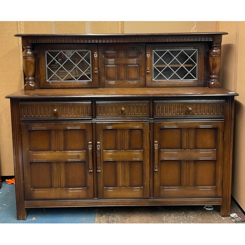 66 - ERCOL STYLE LEADED GLAZED REPRODUCTION COURT CUPBOARD