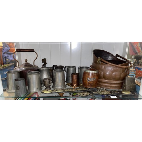 430 - COPPER COAL HELMET, PEWTER TANKARDS, BRASS MARTINGALES, COW BELL AND TOBACCO JAR