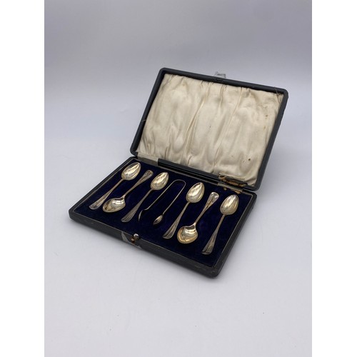 615 - CASED SET OF SIX SILVER TEASPOONS WITH SUGAR TONGS 2.3 oz approx