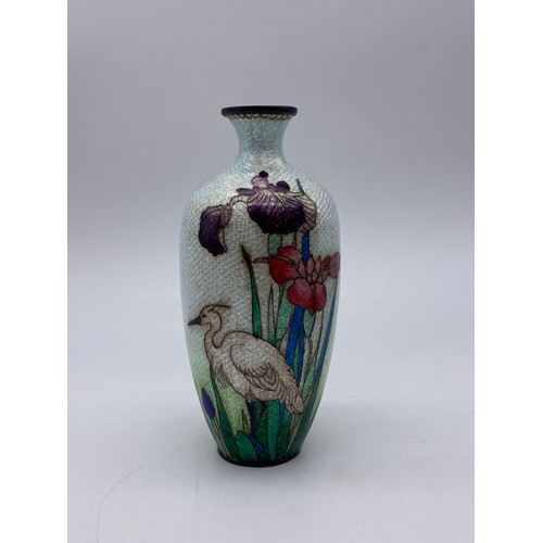 570 - JAPANESE CLOISONNÉ BALUSTER VASE, ONE OTHER DECORATED WITH AN EGRET AND A SQUAT JAR AND COVER A/F