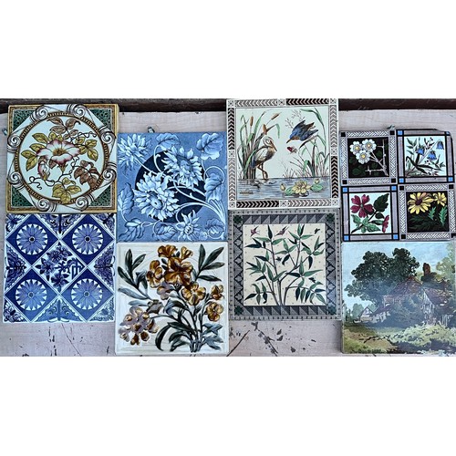 448 - SELECTION OF VICTORIAN DECORATIVE CERAMIC TILES WITH FLORAL AND GEOMETRIC DESIGNS