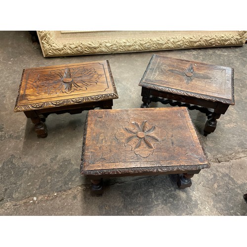 150 - PAIR OF SMALL CHIP CARVED TOPPED STOOLS AND ONE SIMILAR STOOL