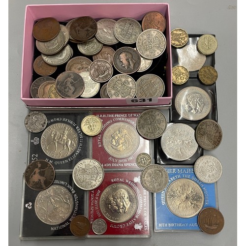 631 - SMALL TRAY OF COMMEMORATIVE COINS AND CROWNS, MAINLY PRE DECIMAL COINS