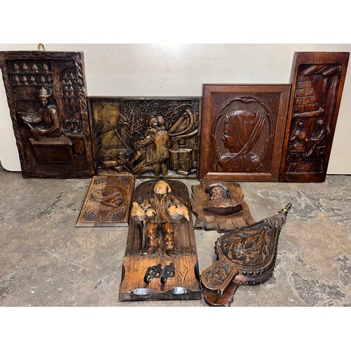 413 - SELECTION OF CARVED WOODEN PANELS AND BELLOWS