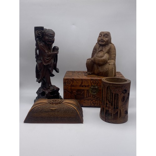 350 - CHINESE CARVED ROOT WOOD FIGURE, CYLINDRICAL BRUSH POT AND CARVED BOXES