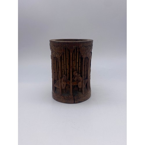 350 - CHINESE CARVED ROOT WOOD FIGURE, CYLINDRICAL BRUSH POT AND CARVED BOXES