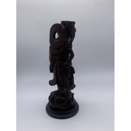 350 - CHINESE CARVED ROOT WOOD FIGURE, CYLINDRICAL BRUSH POT AND CARVED BOXES