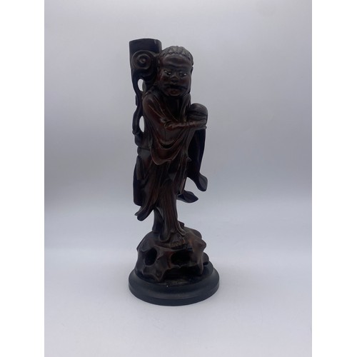 350 - CHINESE CARVED ROOT WOOD FIGURE, CYLINDRICAL BRUSH POT AND CARVED BOXES