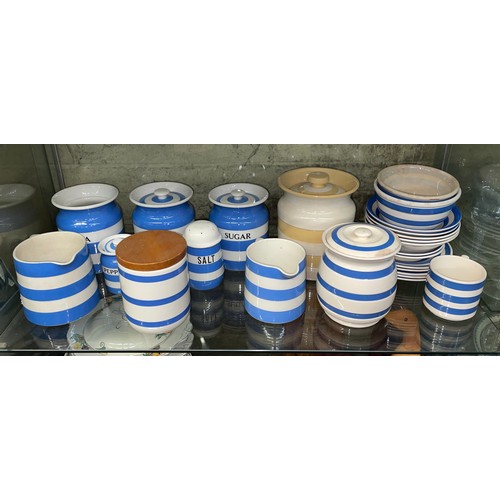 343 - SHELF OF TW GREEN AND OTHER BLUE BANDED CORNISH POTTERY KITCHEN WARES