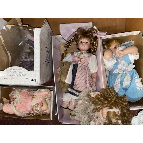 349 - SHELF OF BOXED LEONARDO COLLECTION PORCELAIN HEADED DRESS DOLLS