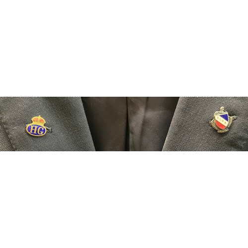 348 - GENTLEMANS NAVY BLAZER WITH ASAA SEW ON PATCH AND LAPEL BADGES