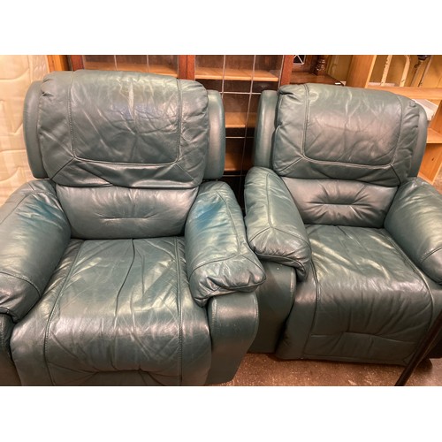 32 - PAIR OF GREEN LEATHER EASY ARMCHAIRS