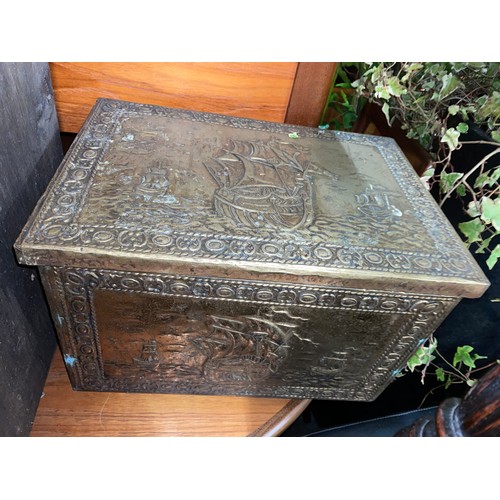 35 - BRASS REPOUSSE COAL BOX WITH LION MASK HANDLES