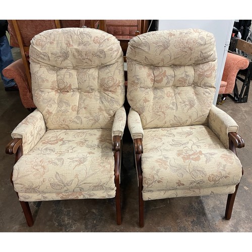 37 - PAIR OF OATMEAL FLORAL FABRIC HIGH BACK ARMCHAIRS