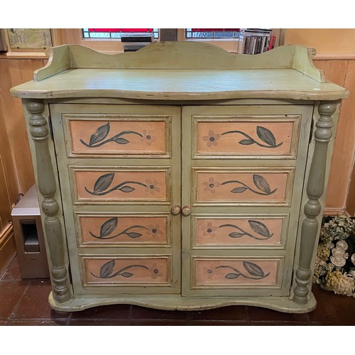 45 - APPLE GREEN PAINTED GALLERY BACKED CUPBOARD WITH STENCIL DECORATION