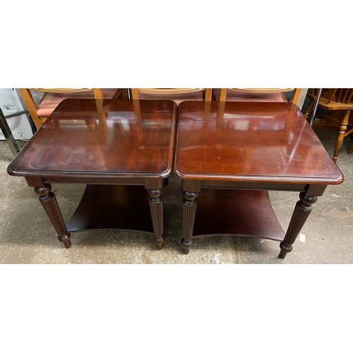 63 - PAIR OF MAHOGANY SQUARE SECTION LAMP TABLES ON FLUTED LEGS WITH UNDERTIER