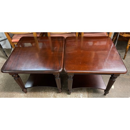 63 - PAIR OF MAHOGANY SQUARE SECTION LAMP TABLES ON FLUTED LEGS WITH UNDERTIER