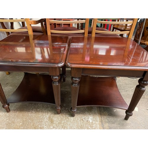 63 - PAIR OF MAHOGANY SQUARE SECTION LAMP TABLES ON FLUTED LEGS WITH UNDERTIER