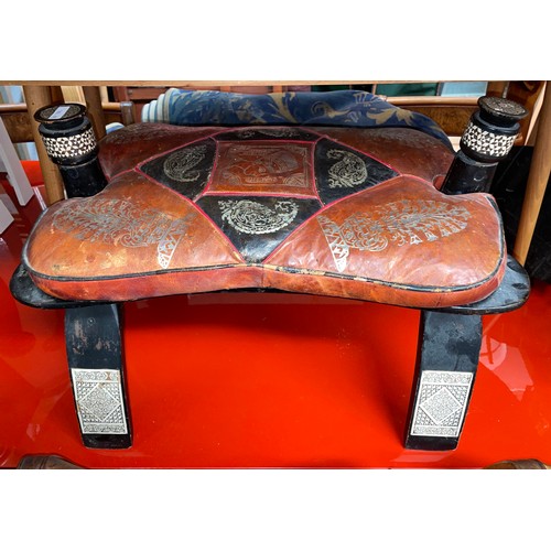 61 - RED STITCH LEATHER AND DAMASCUS STYLE INLAID CAMEL STOOL