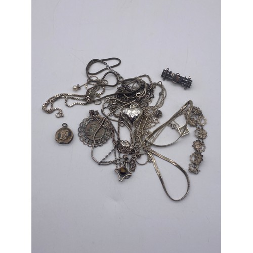 548 - SELECTION OF SILVER JEWELLERY INC. GATE BAR BROOCH, VARIOUS CHAINS AND STAR SIGN PENDANT