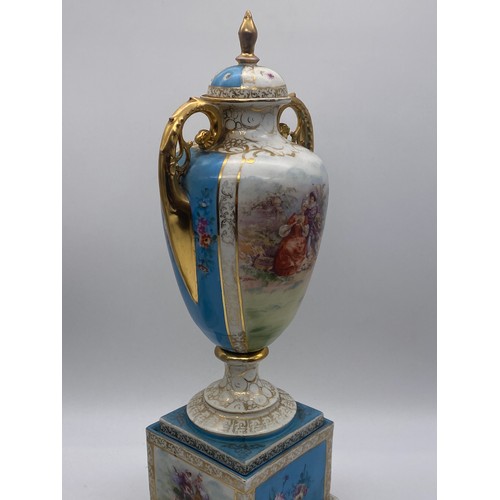 566 - PAIR OF AUSTRIAN VIENNA OVOID PAINTED VASES AND COVERS WITH GILT HANDLES