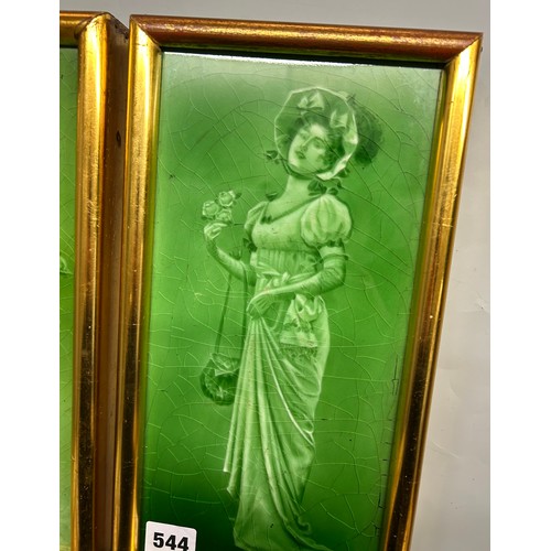 544 - PAIR OF LATE VICTORIAN GREEN CERAMIC TILE PANELS OF FEMALES FRAMED