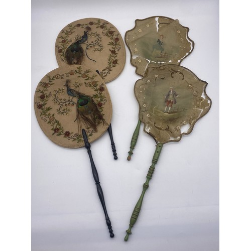 561 - PAIR OF 19TH CENTURY PEACOCK BIRD DECORATED AND EMBROIDERED HAND FANS WITH EBONISED HANDLES AND A PA... 