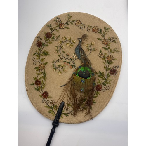 561 - PAIR OF 19TH CENTURY PEACOCK BIRD DECORATED AND EMBROIDERED HAND FANS WITH EBONISED HANDLES AND A PA... 