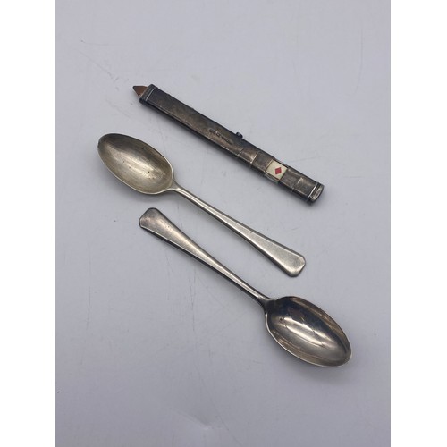 545 - TWO SILVER SPOONS AND SILVER CASED BRIDGE MARKING PENCIL