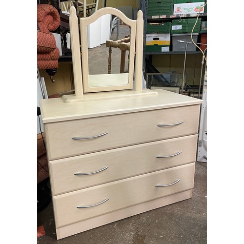 38 - MATCHING MAPLE EFFECT THREE DRAWER CHEST WITH DRESSING MIRROR