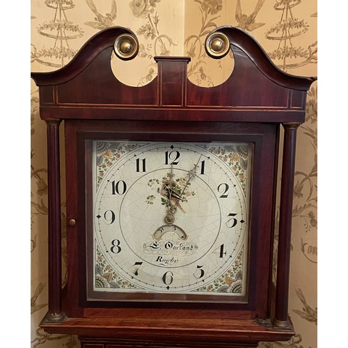 148 - 19TH CENTURY OAK AND MAHOGANY CROSS BANDED OAK LONG CASED CLOCK WITH PAINTED ENAMEL DIAL