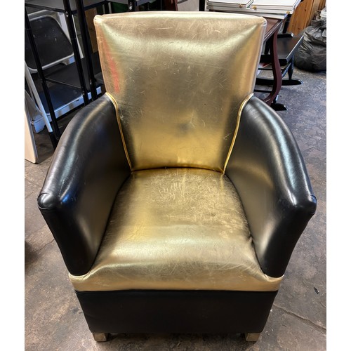 173 - BLACK AND GOLD LEATHER TUB EASY CHAIR