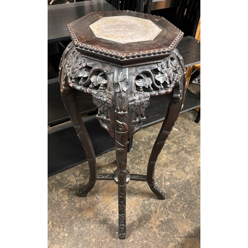 135 - ORIENTAL HARDWOOD CARVED OCTAGONAL MARBLE INSET JARDINIERE STAND