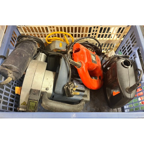 292 - TWO CRATES OF VARIOUS POWER TOOLS INC JIGSAWS, PLANER